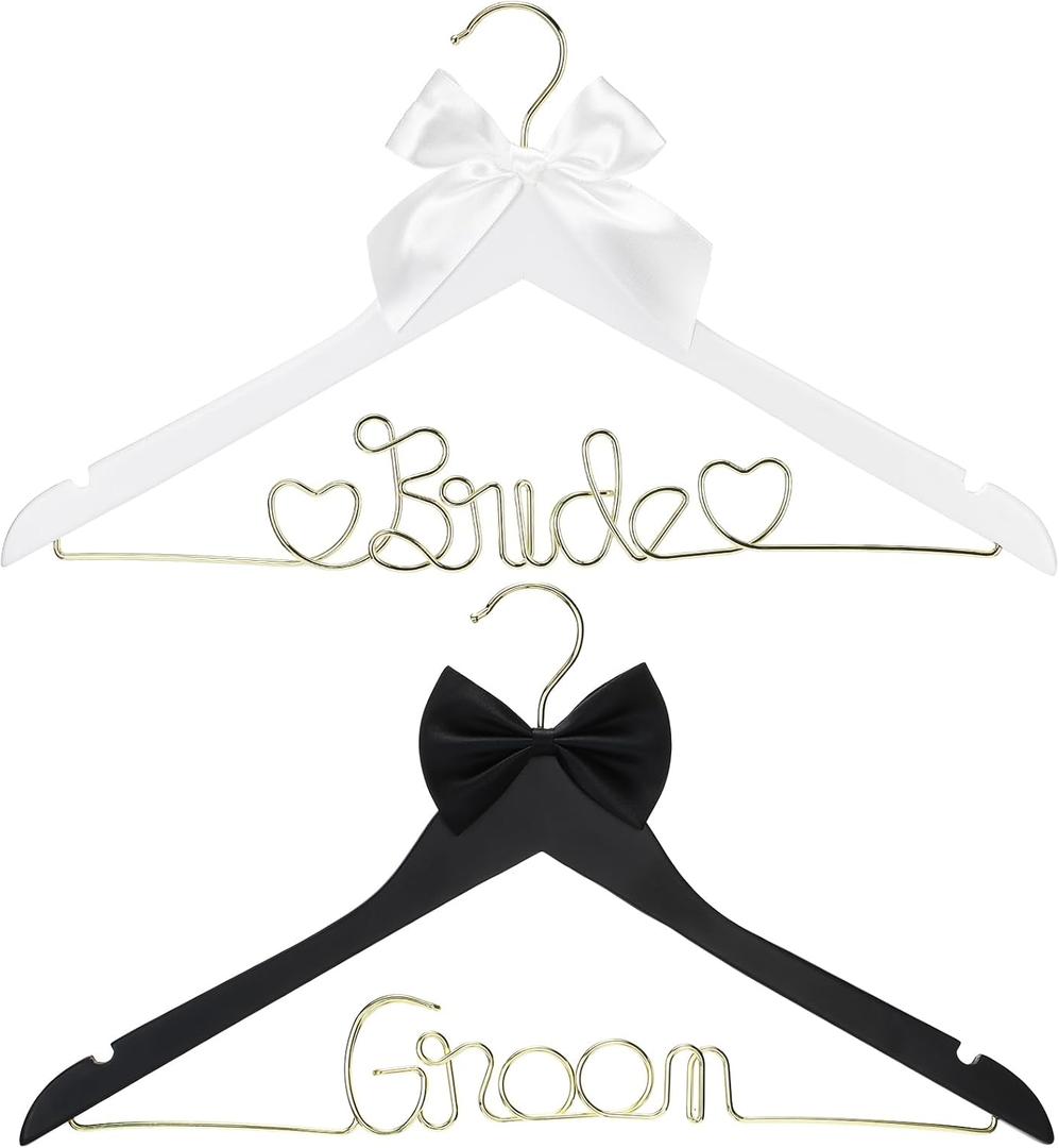 2 Pcs Wire Bride Hanger and Groom Wedding Wooden Hanger with Letter and Bow Tie for Tuxedo Suit Bridesmaid Bridal Wedding Gift Bridal Party Shower