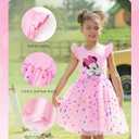 Disney Princess Frozen Elsa Minnie Stitch Toddler Girl Tulle Tutu Dress Ruffle Sleeve Mesh Summer Birthday Party Clothes 6-7Y (Pink)
