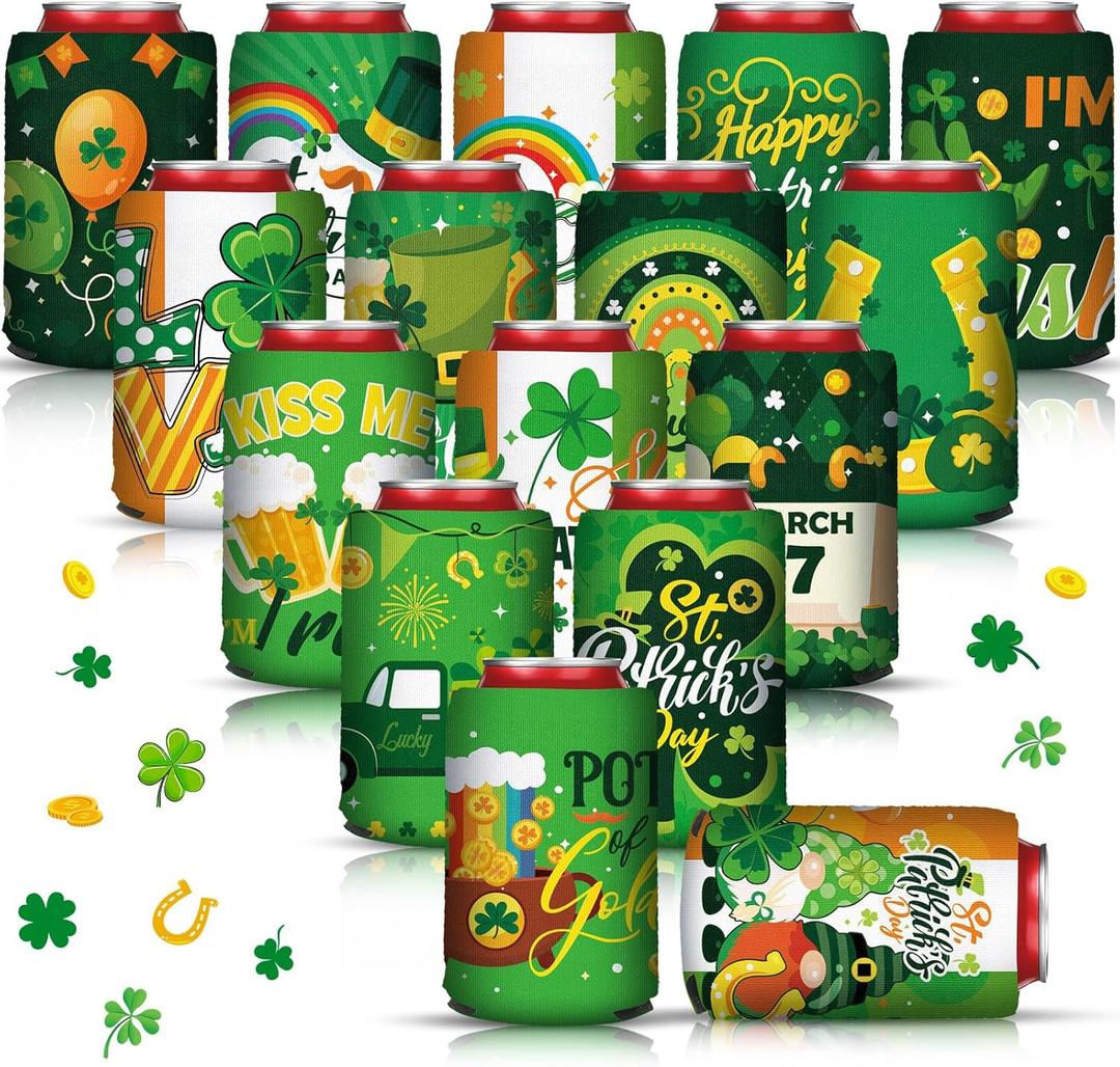 Umigy 32 Pcs St. Patrick's Day Beer Can Coolers Sleeves Irish Shamrock Beer Can Coolers Soft Insulated Bulk for Soda Cover Collapsible for Favors Parties Beer Water Bottles