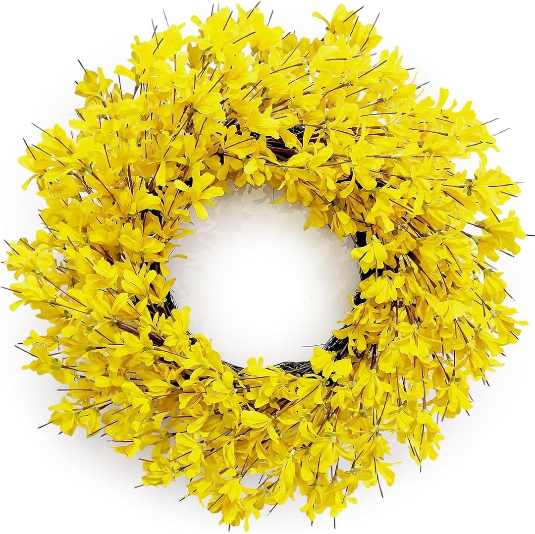 Spring Wreaths for Front Door, 24 Inch Yellow Forsythia Spring Door Wreath, Farmhouse Spring Door Wreaths on Grapevine for Celebration Wall Window Decoration Hanging