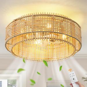 KAISITE Boho Caged Ceiling Fan with Light and Remote Control 19" Rattan Fandelier 6 Speeds Low Profile Bladeless Ceiling Fan Flush Mount Chandelier Fan for Bedroom Living Room, 19.3in-A