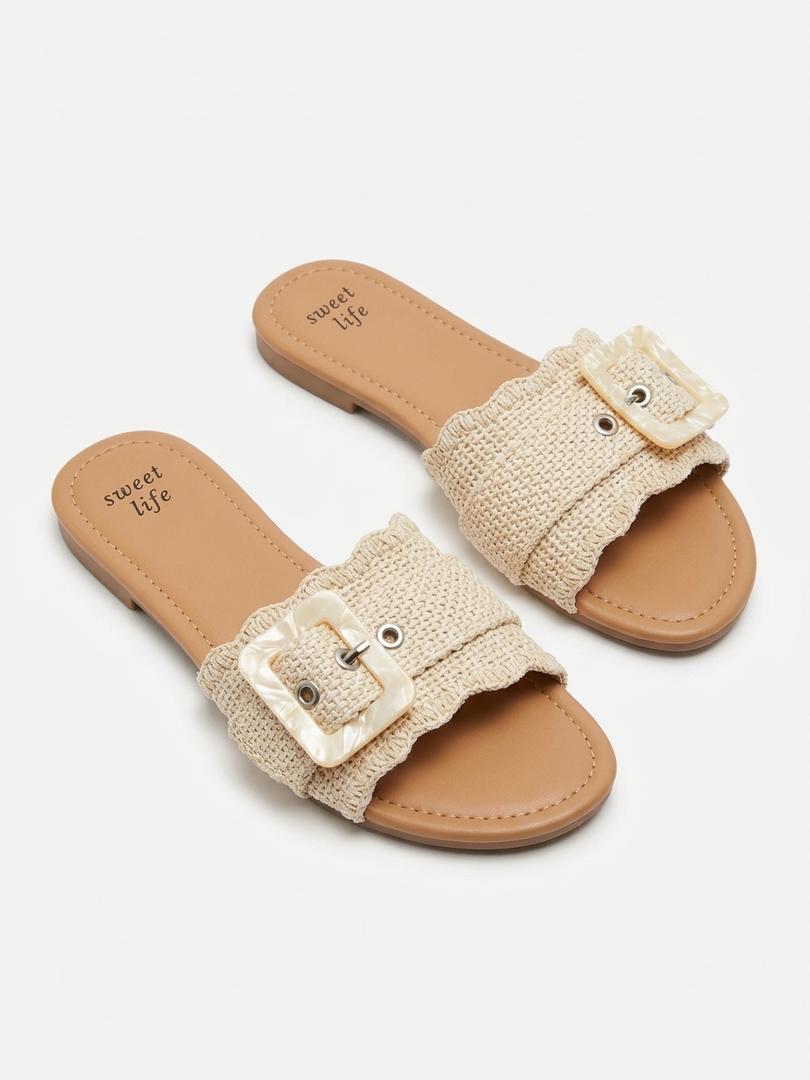 Sweet Life Lina Natural Woven Buckle Slide Sandals, Size 8
