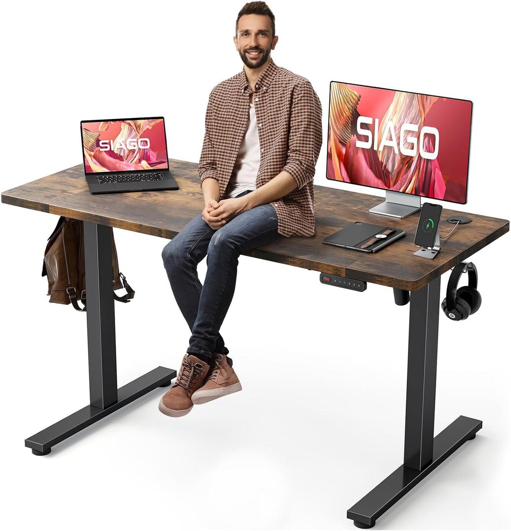 SIAGO Electric Standing Desk Adjustable - 55 x 24 Inch Sit Stand up Desk with Cable Management - 3 Memory Preset Adjustable Height Table (Rustic Brown)