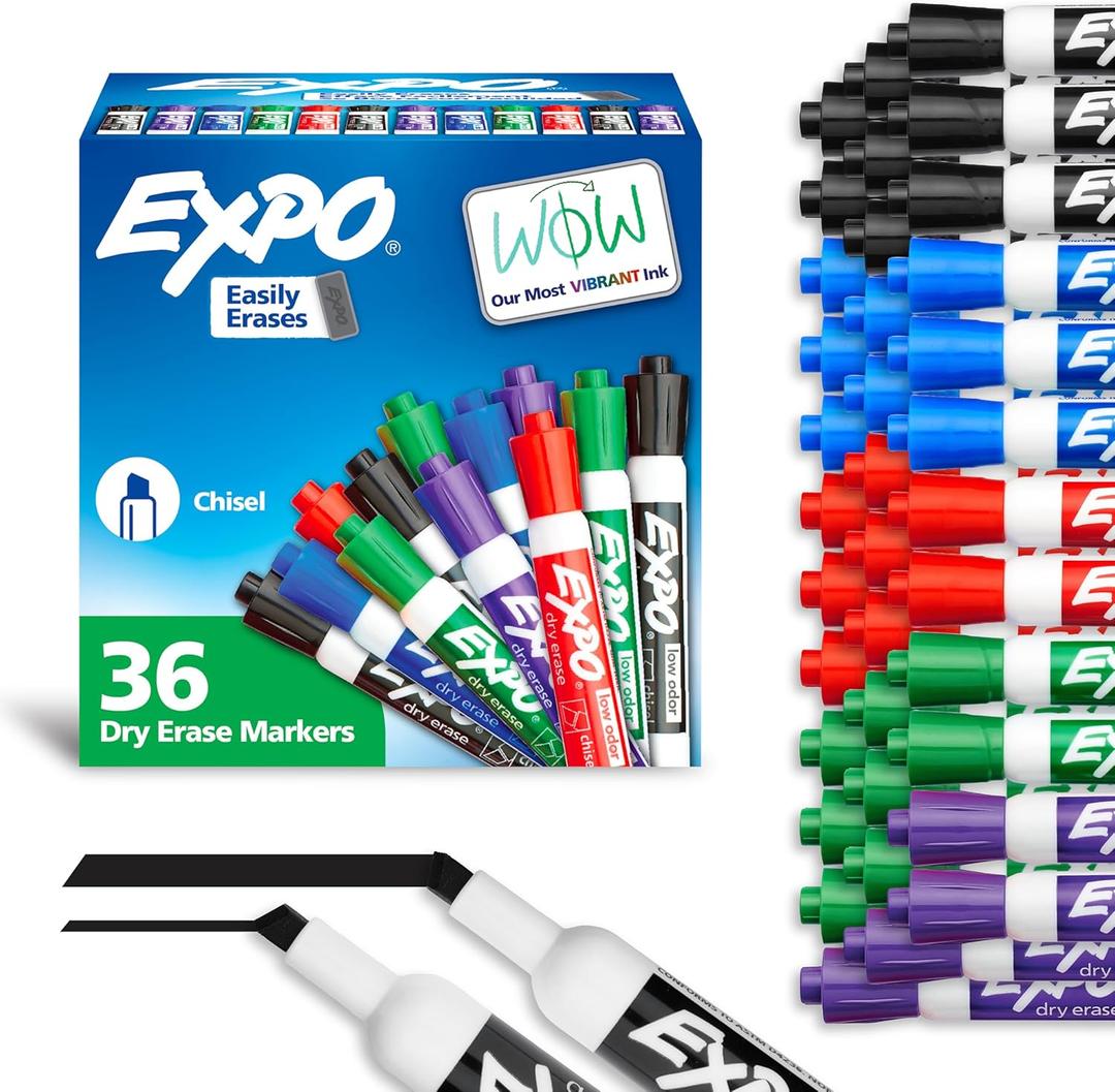 EXPO Low Odor Dry Erase Markers Chisel Tip Assorted Colors Pack of 36 - Ideal for Classrooms Offices & Home Offices