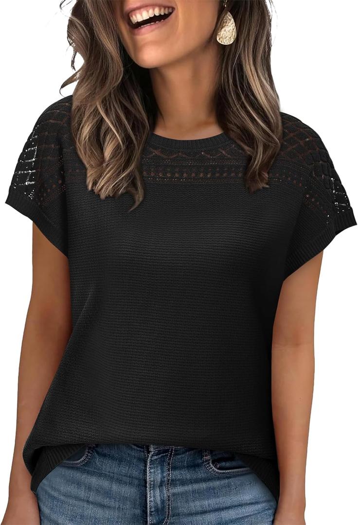 WIHOLL Short Sleeve Sweater for Women Trendy Summer Tops 2025 Early Fall Fashion Clothes Travel Business Casual Outfits (Large, 01 - Black)