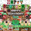 Pixel Theme Birthday Party Decorations Supplies Set: Happy Birthday Banner, Backdrop, Tablecloth,18 Balloons,6 Hanging Swirls, Cake & 24 Cupcake Toppers,10 Knives Forks Spoons & Plates,10 Gift Bags