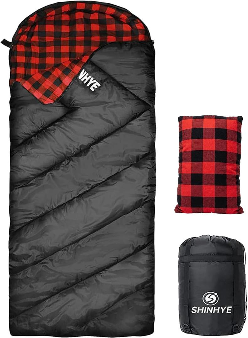 ShinHye 0 Degree Sleeping Bag for Adults - Cotton Flannel 4 Season Cold Weather Winter, XXL Big and Tall Camping Sleeping Bag with Compression Sack (Black-Right-New)