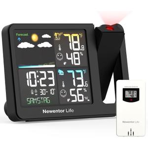 Projection Alarm Clock, Projection Clock for Bedroom Ceiling, Projector Clock with Weather Station, Indoor Outdoor Temperature Humidity Monitor, Forecast, Adjustable Backlight, Black,No Atomic