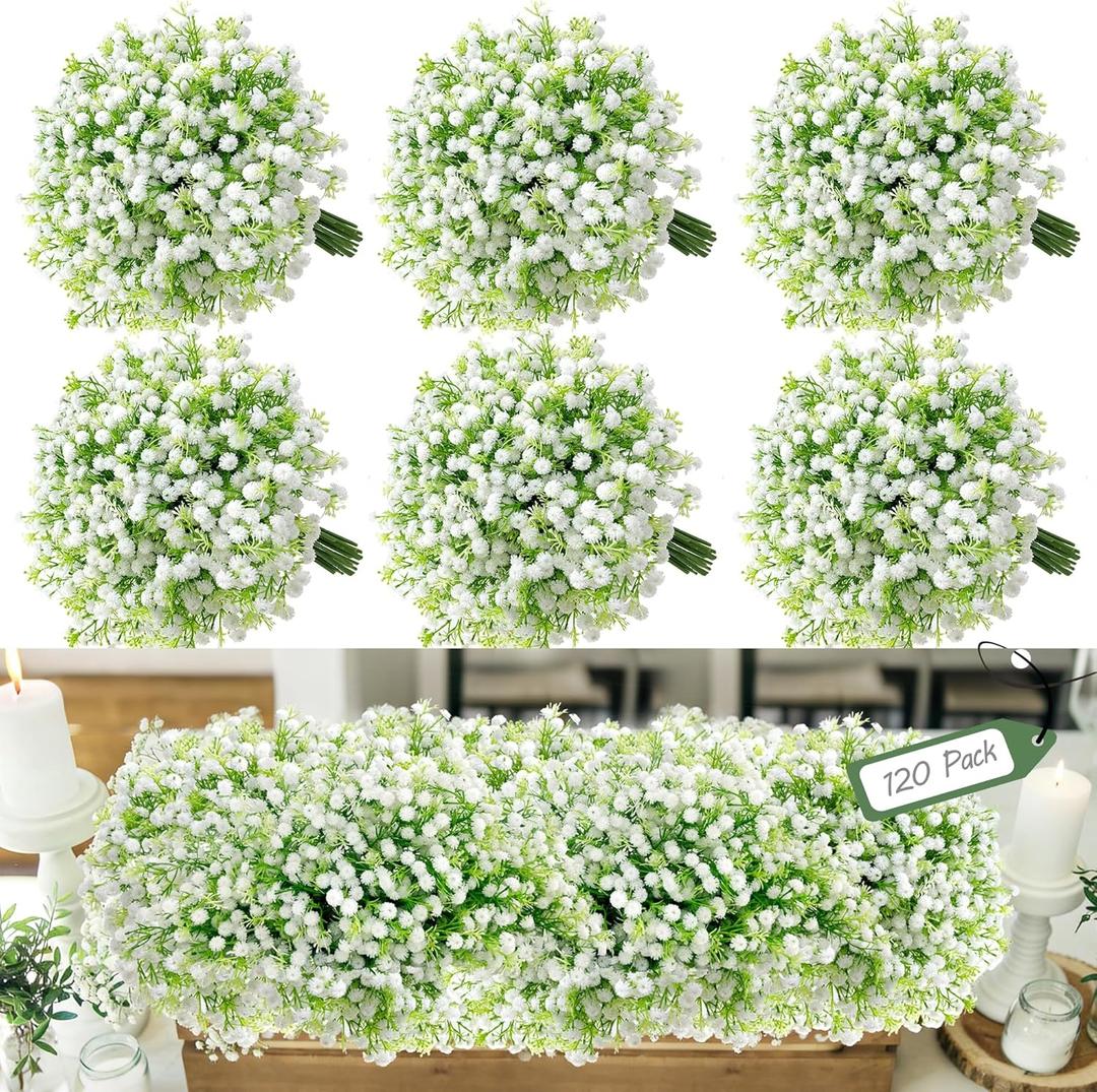 120Pcs Babys Breath Artificial Flowers Bulk, White Real Touch Faux Baby Breath Flowers Artificial, Fake Gypsophila for Vase Wedding Bouquet Arrangements Party Garden Home Decor