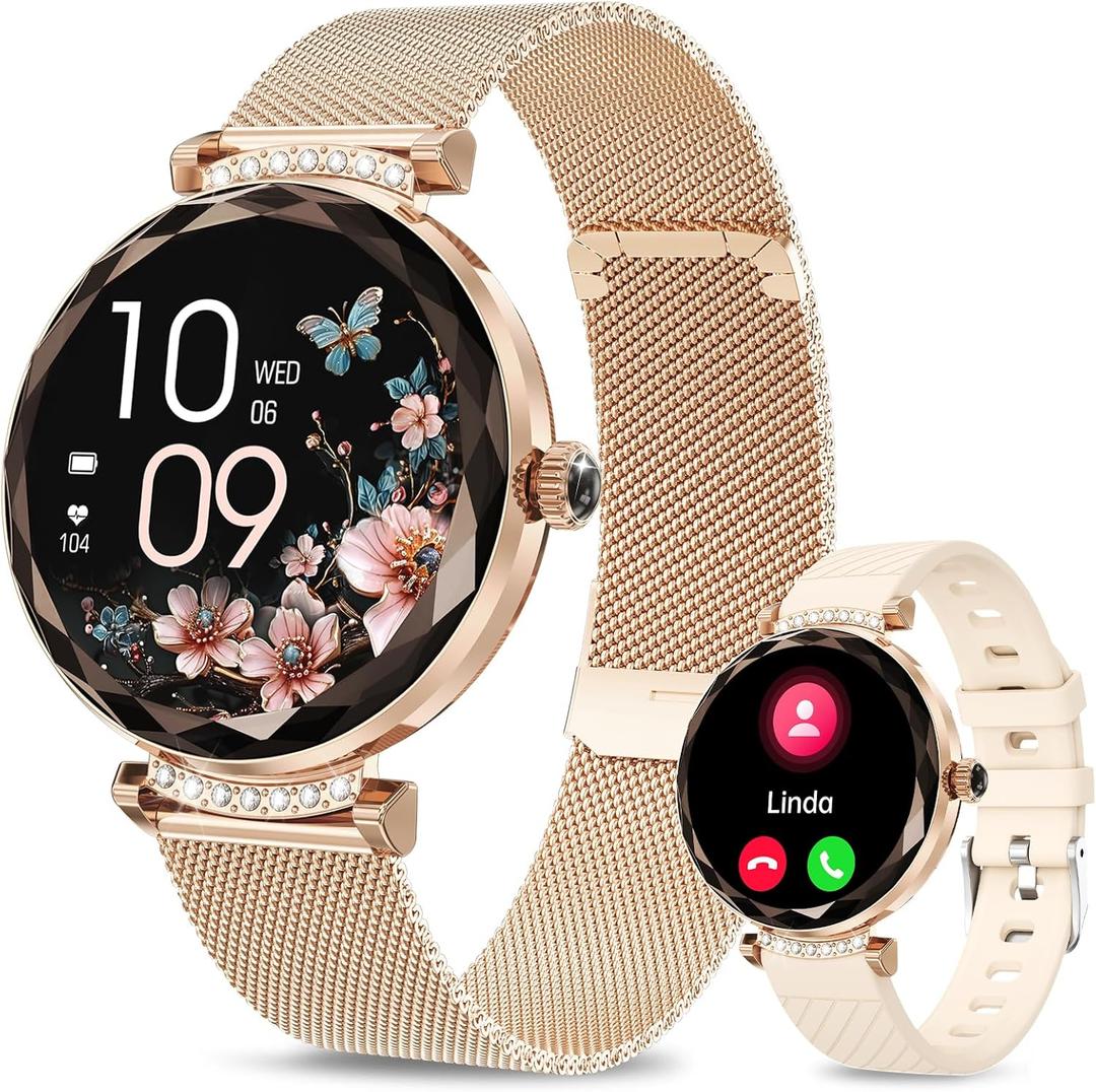 Smart Watches for Women Answer/Make Call, 1.19" AMOLED Smartwatch with Bluetooth for Android iOS Phones, IP68 Waterproof Fitness Tracker with Heart Rate SpO2 Sleep Monitor, Rose Gold