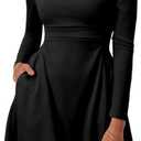 HYPERFIRE Women's Fall Square Neck Long Sleeve Corset Dress Ruched Waist Short Dresses with Pockets (Medium, Black)