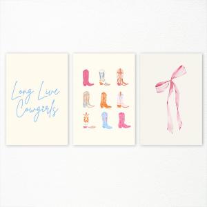 xbsifyiooa Long Live Cowgirls Canvas Wall Art, Pink Bow Coquette Poster, Set of 3 Coastal Cowgirls Wall Art, Cowgirl Boots Painting, 12x16in Unframed