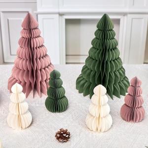 6 Pcs Paper Christmas Tree, Beige, Sage Green and Dusty Pink Tabletop Christmas Decorations with Magnetic Closure, 12" & 6" Foldable Reusable Holiday Trees for Mantel, Table Centerpiece
