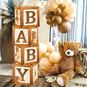 Teddy Bear Baby Shower Boxes Decorations Baby Boxes 4Pcs Wood Grains Bear Theme Baby Shower Brown Blocks with Printed Baby Letter for Gender Reveal Neutral Baby Shower Supplies