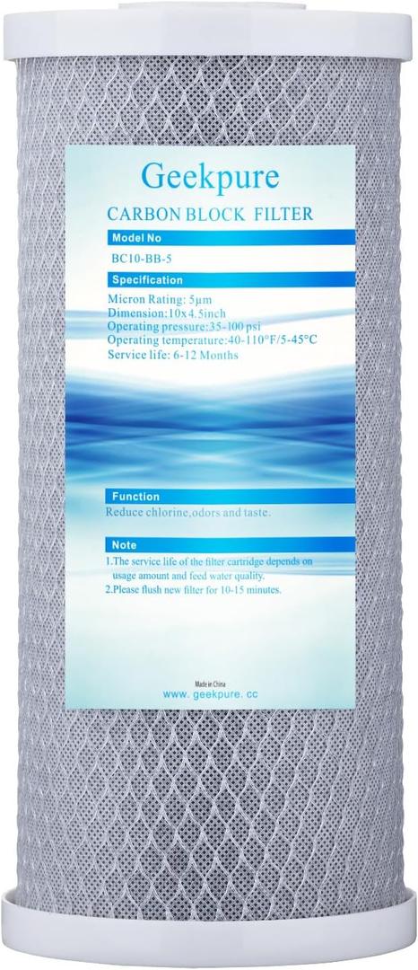 Geekpure 10 Inch Whole House Replacement Carbon Block Water Filter Cartridge -4.5"x 10"-5 Micron