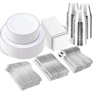 SUT 350 Piece Silver and White Plastic Dinnerware Set for 50 Guests, Disposable Plastic Plates, Include: 50 Dinner Plates, 50 Dessert Plates, 50 Pre Rolled Napkins with Silver Silverware, 50 Cups