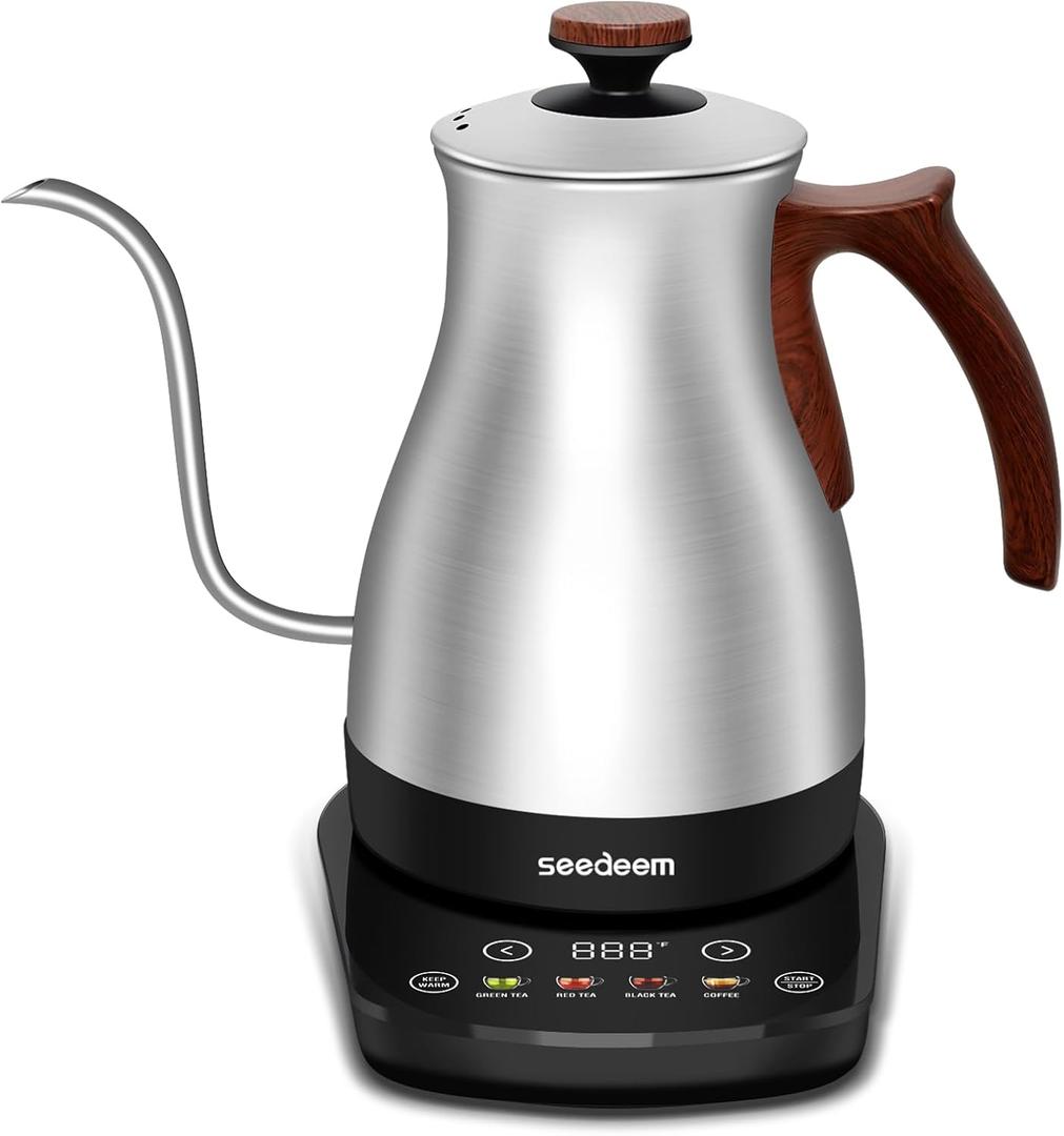 SEEDEEM Gooseneck Electric Kettle, 1L 1200W Touch Screen Pour-Over Kettle with 4 Heating Modes, ±1℉ Temp Control, Keep Warm Function, for Tea & Coffee, Silver