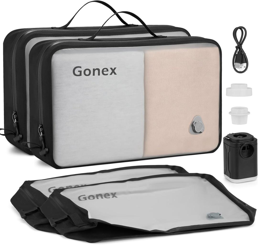 Gonex Vacuum Travel Bag with Pump, Reusable Compression Packing Bag with Handle & Transparent Window, Wide Opening, Waterproof Travel Storage Organizer for Carry-On Suitcase, Backpack (2PCS+Pump) (Black)