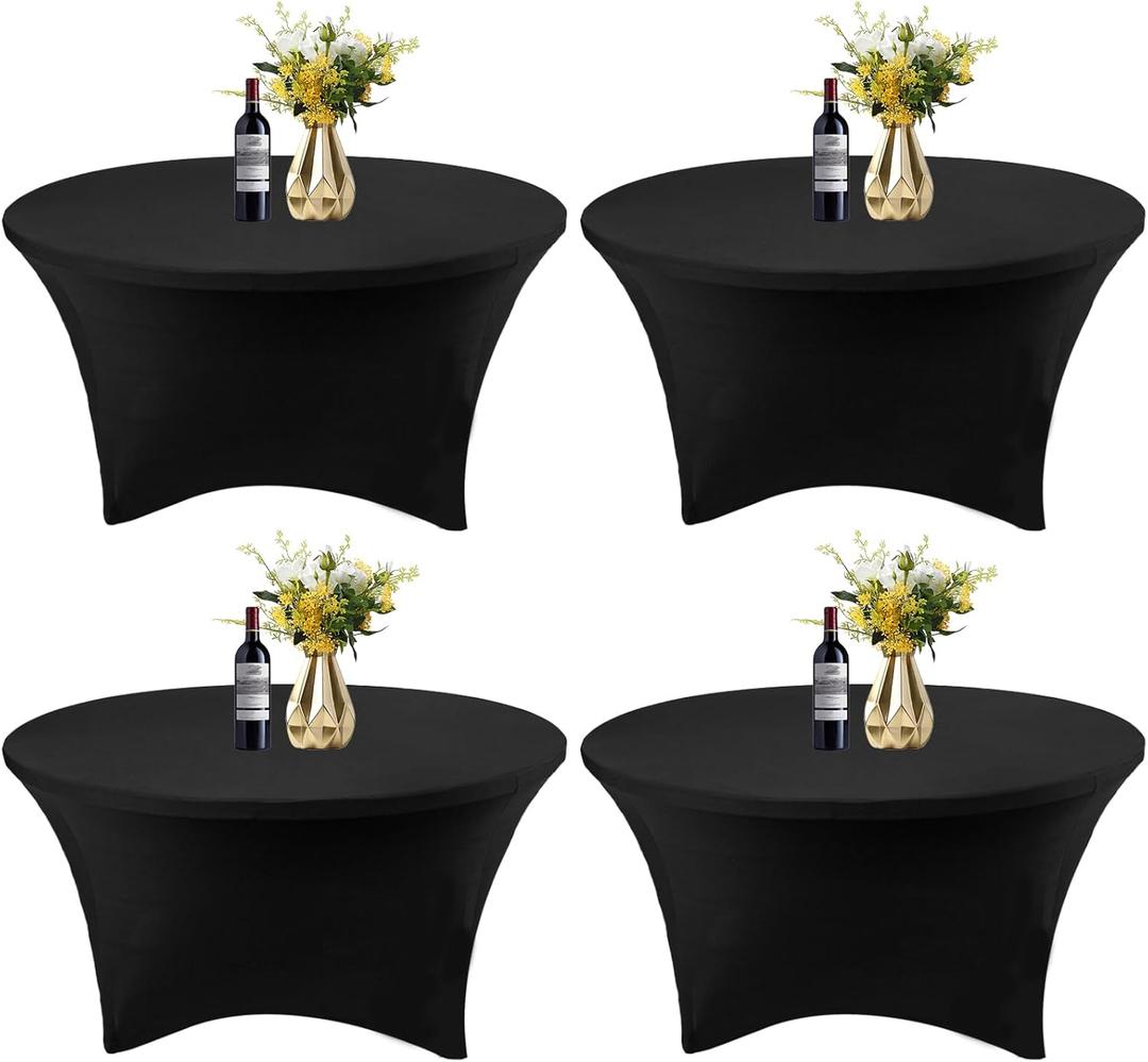4 Pack 5FT Round Spandex Tablecloth 60 Inch Black Stretchable Table Cover Washable Wrinkle Resistant Fitted Stretch Table Cover for Party, Wedding, Birthday, Banquet Bar Events