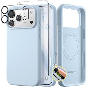 GONEZ Magnetic for iPhone 17 Pro Case, Compatible with MagSafe, [Screen Protector + Camera Lens Protector], Liquid Silicone Anti-Scratch Shockproof Protective Phone Case 6.3 inch, Blue