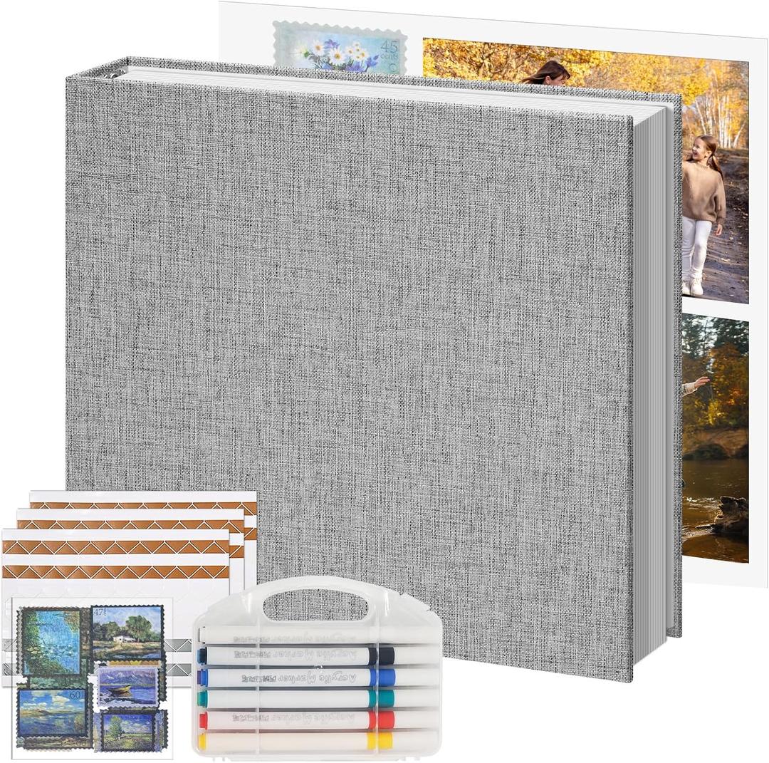 Vienrose Photo Album Scrapbook, 3 Ring 12" x 12" Linen Cover Kraft Paper Memory Book with 50 Sheets 100 Pages, Scrapbook Set for Wedding, Anniversary, Family, Travel, Grey