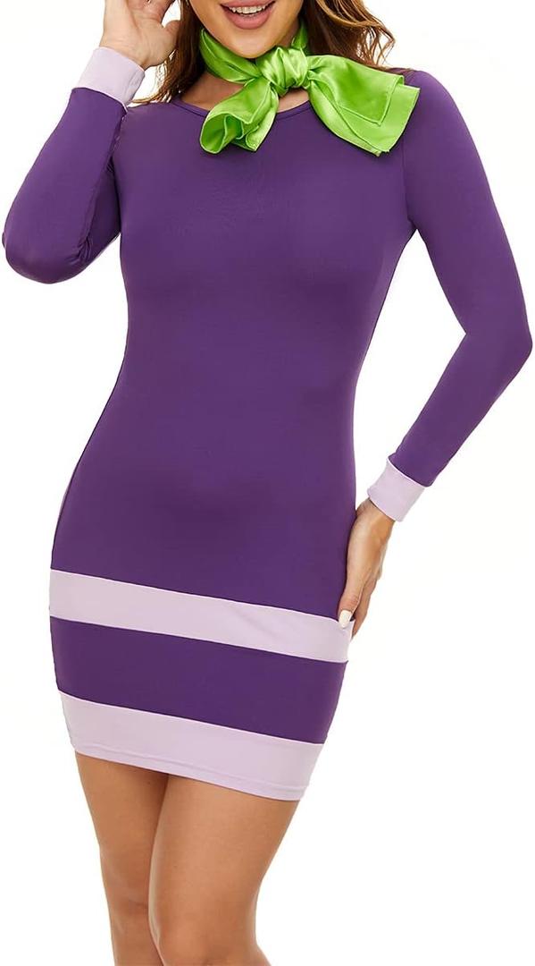 Halloween Costume Dresses Long Sleeve Bodycon Purple Daphne Mini Dress with Scarf L 