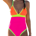 popvil One Piece Swimsuit Women 2025 Neon Color Block Contrast Cross Strap Bathing Suit Modest Cute Swim Suits, M