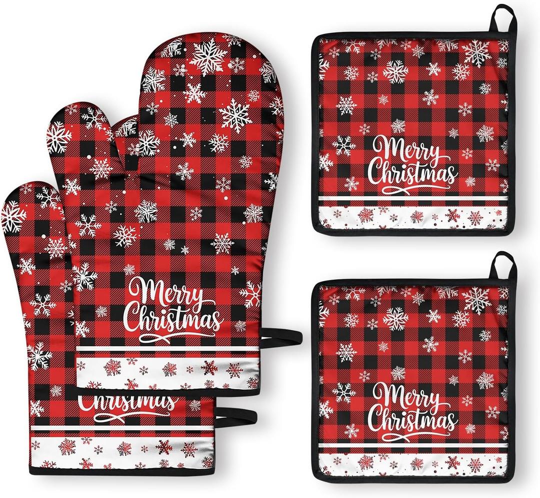 Christmas Oven Mitts and Pot Holders Sets of 2 Snowman Santa Claus Heat Resistant Oven Mitts and Hot Pads for KitchenSoft Cooking Oven Gloves and Grill Baking BBQ Essentials and Accessories (Christmas01)