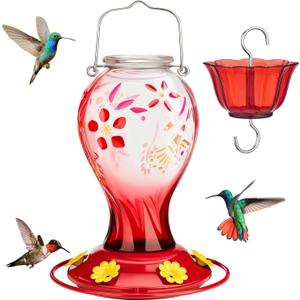Kingsyard Glass Hummingbird Feeder for Outdoors Hanging - 26 oz Leak Proof Nectar Feeder with 6 Feeding Ports & Ant Moat for Garden Backyard Decor, Red