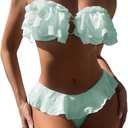 SweatyRocks Women's 2 Piece Bandeau Swimsuit Ruffle Trim Ring Bikini Set Strapless High Cut Bathing Suit (Green), Small