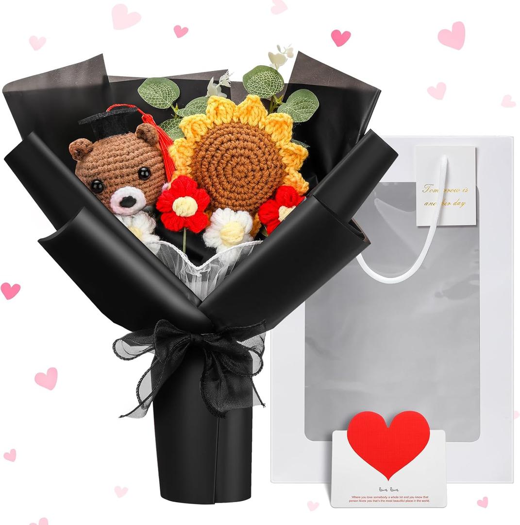 Graduation Crochet Flower Bouquet Set Includes Bear Knitted Sunflower Daisy Bouquet Eucalyptus Greeting Card Gift Bag 2025 Graduation Gift (Black, Knitted Bear)