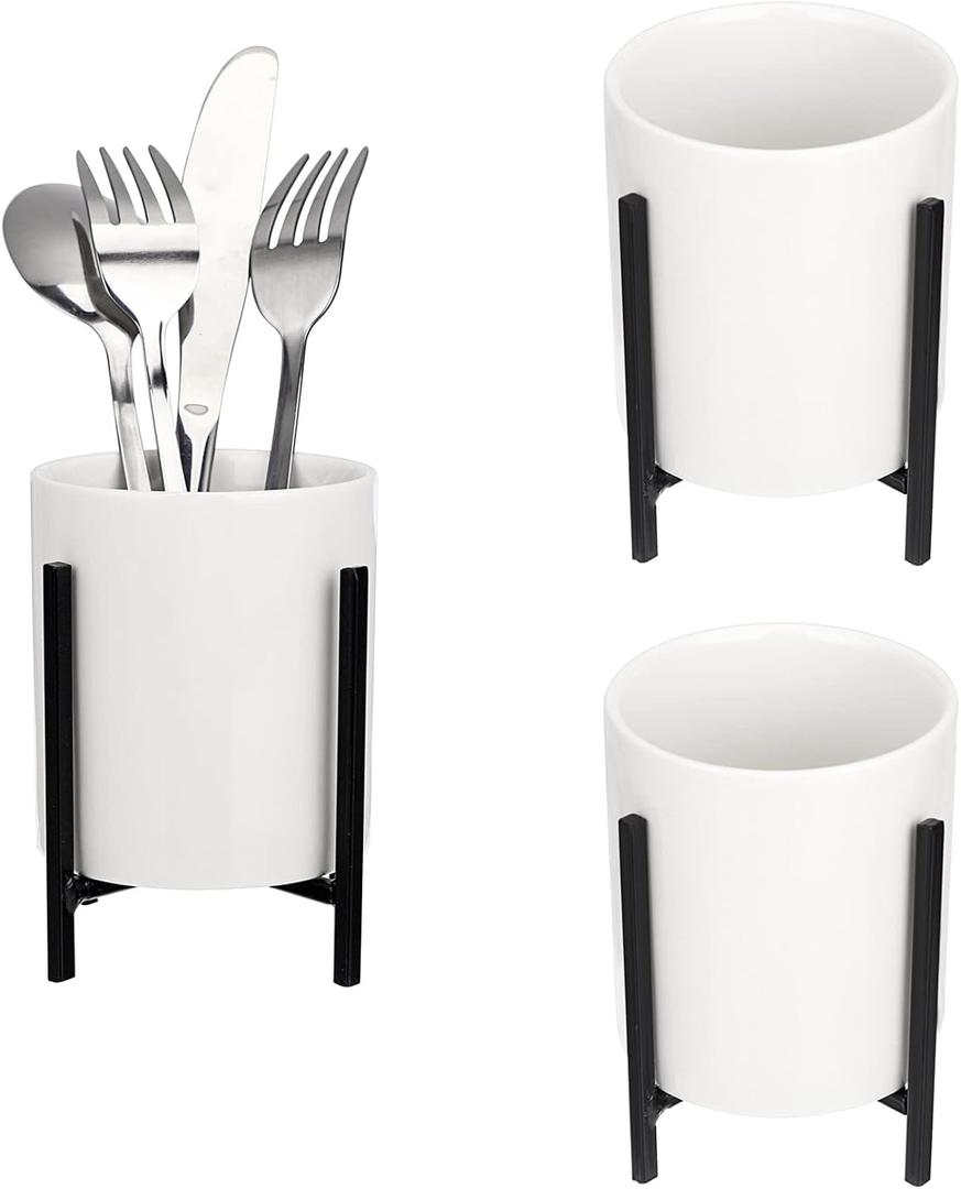 JUXYES Pack of 3 Ceramic Silverware Holder For Party Table, White Cutlery Holder Holder With Black Metal Bracket, Small Flatware Caddy Organizer Utensil Holder Organizer for Kitchen Dining Tables