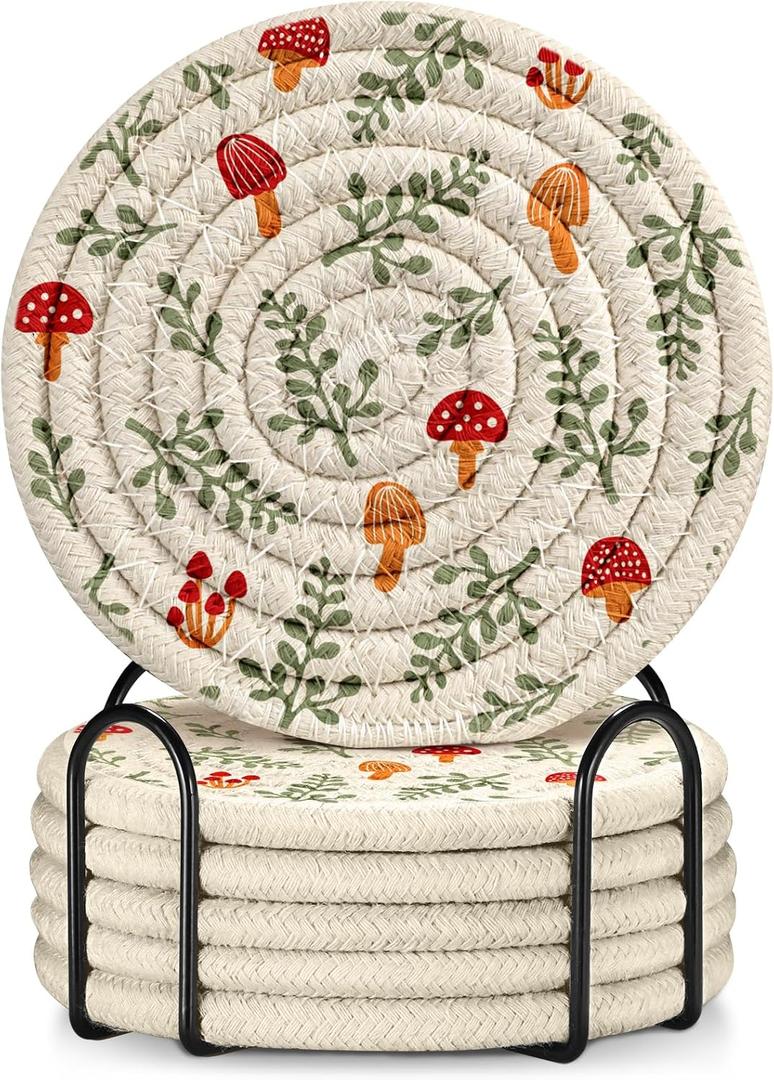 Cup Coasters for Drinks Absorbent - for Coffee Wooden Table Office Cute Farmhouse Outdoor Rustic Desk Kawaii Woven Women Kids Soft Cloth Braided Fabric Mushroom Coaster Set of 6 with Holder