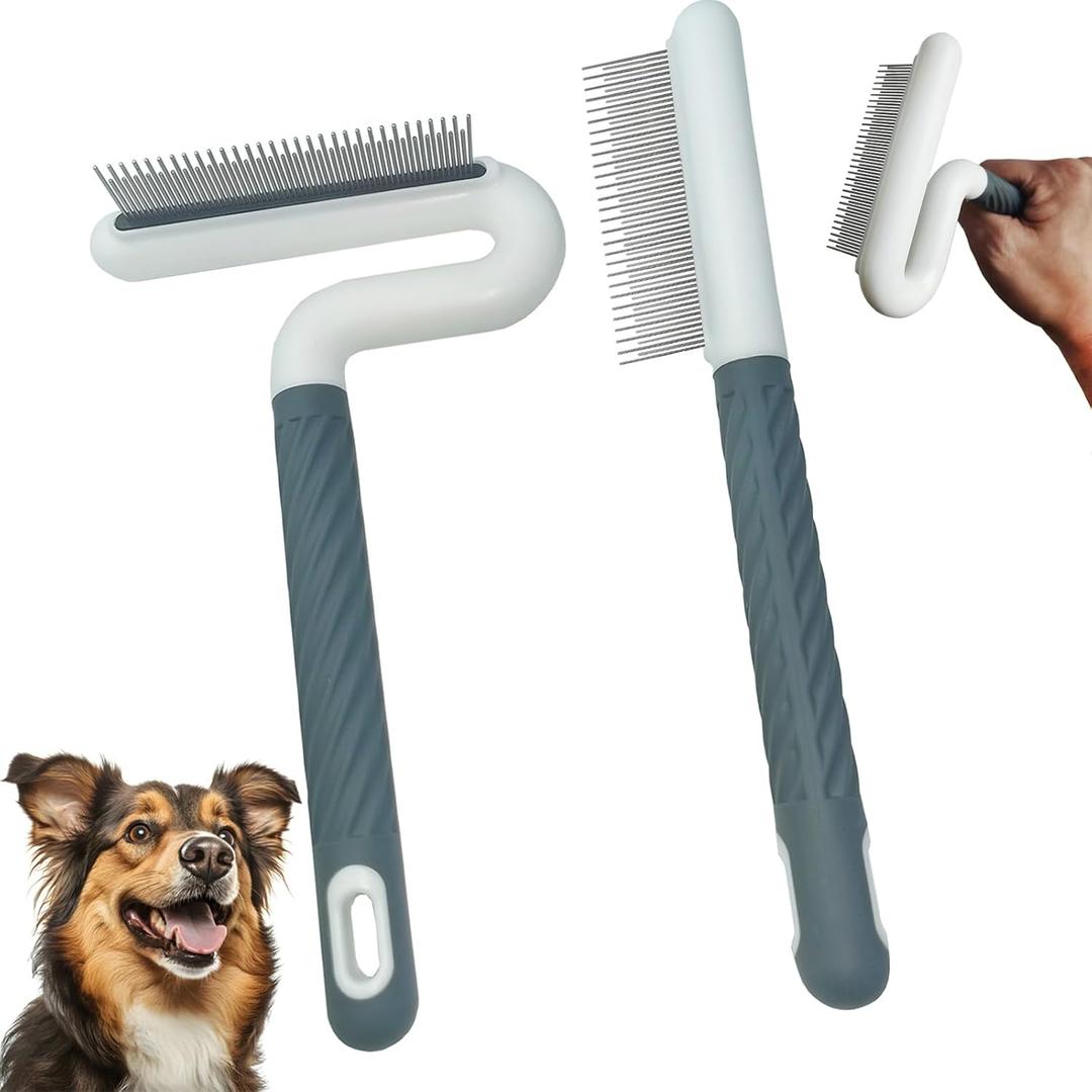 2 PCS Pet Comb with Long & Short Stainless Steel Teeth,Flea and Tick Comb for Dogs & Cats,Pet Grooming Brush for Short&Long Hair,2 different shapes with Rubber Handle