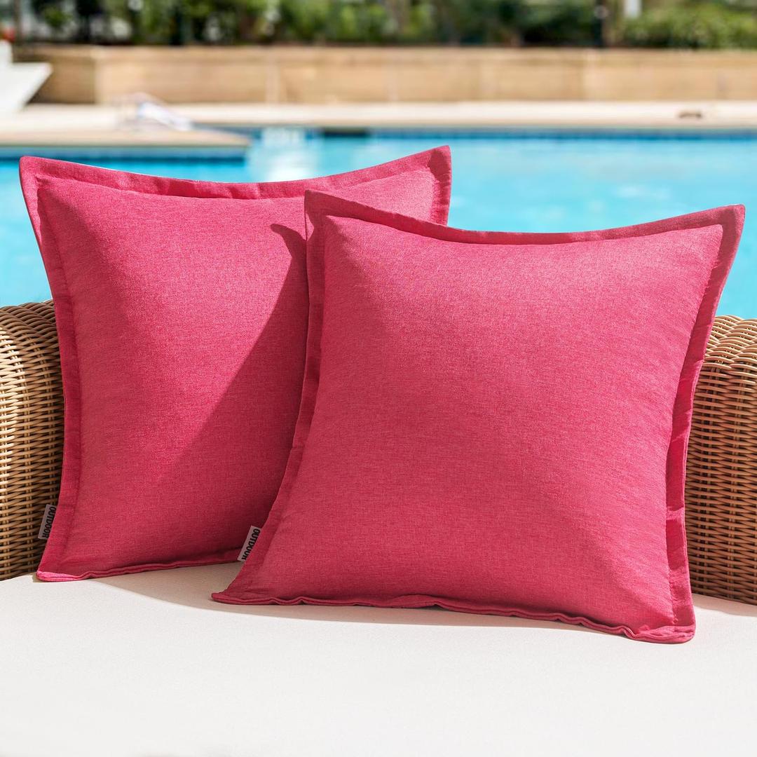 Woaboy Set of 2 Outdoor Waterproof Throw Pillow Covers Broadside Decorative Farmhouse Linen Cushion Cases for Bedroom, Living Room, Patio, Sofa, Chairs 18x18 inch, Hot Pink