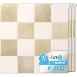 Art3d 10-Pack Heavy-Duty Peel and Stick Backsplash, 12x12 Inch Self-Adhesive Wall Tile Stick on Kitchen Countertop, Beige and White
