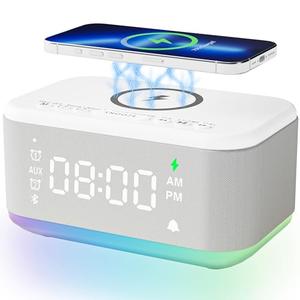 Alarm Clock Speaker Wireless Charger, Digital Alarm Clocks Bedrooms Bluetooth, Alarm Clock Dimmable Light Bedrooms Dual Alarm Snooze Dimmer 12 24H RGB Night Light Bluetooth USB AUX, Grey
