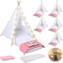 Windyun 6 Pack Kids Teepee Tent for Slumber Party Sleepover Tents for Girls Party with Air Mattress, Star Lights, Blankets Trays Sheets, Natural Cotton Toddler Play Teepee for Indoor Outdoor(White), 1.6 m height