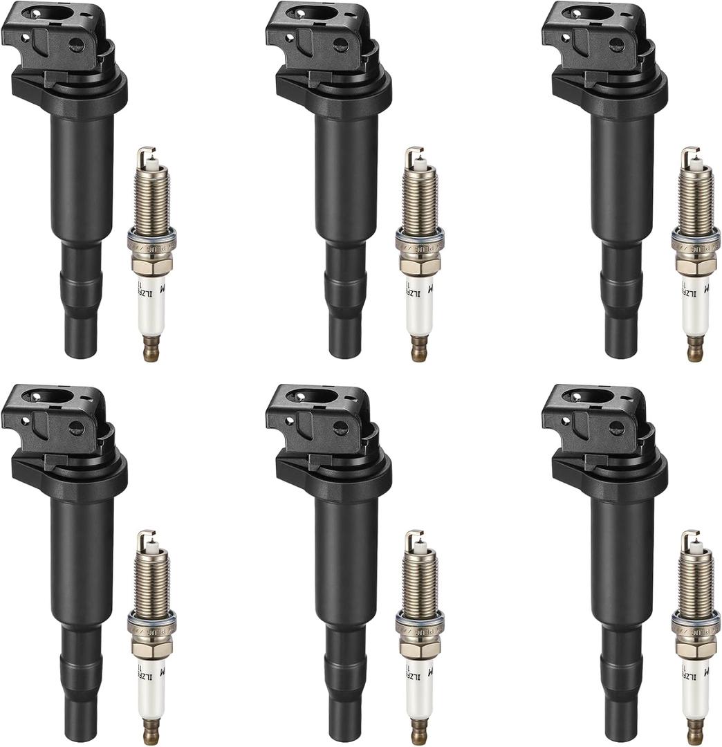 BDFHYK Ignition Coil Pack UF592 and Double Iridium Platinum Spark Plugs Compatible with 2006-2007 BMW 328i X3 X5 525i 530i 530xi 325i 325xi 330i 330xi 3.0L 2.5L L6 Coil for UF592 12120032137 Set of 6
