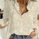 Dokotoo Women's Casual V Neck Alicia Floral Print Roll Up Long Sleeve Chiffon Button Down Blouses Bohemian Top Shirts (Beige, M)