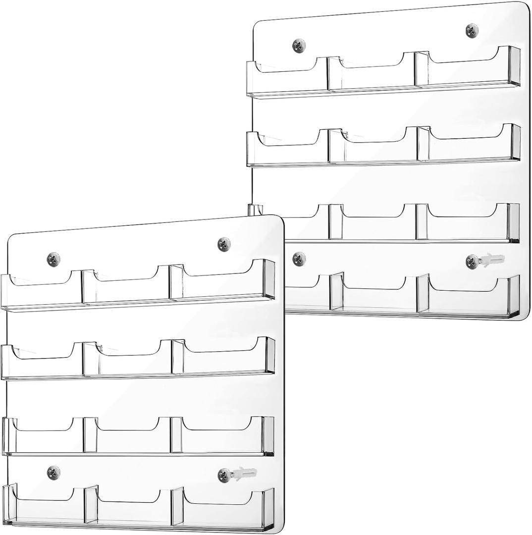 Lincia 2 Pieces Acrylic Business Card Holder Wall Mount Clear Sticker Display Rack Multiple Clear Acrylic Card Organizer Sticker Display Stand Pre Drilled Index Card Storage(12 Pockets) (9.6x3x2.5cm)