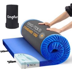 Kingfun Memory Foam Camping Mattress CertiPUR-US, Waterproof Roll up Sleeping Pad for Adults, Comfortable Thick Floor Sleeping Mats for Car Truck Tent with Removable Travel Bag, Blue, Cot 75" X 25" X 3 inch