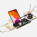 MARBBNEST Bathtub Tray Caddy for Luxury Bath Expandable Extra Wide Bath Tub Tray with Natural Marble Tray and Mobile/Tablet Stand, Ideal for Home Spa Lovers(Gold + India Green)