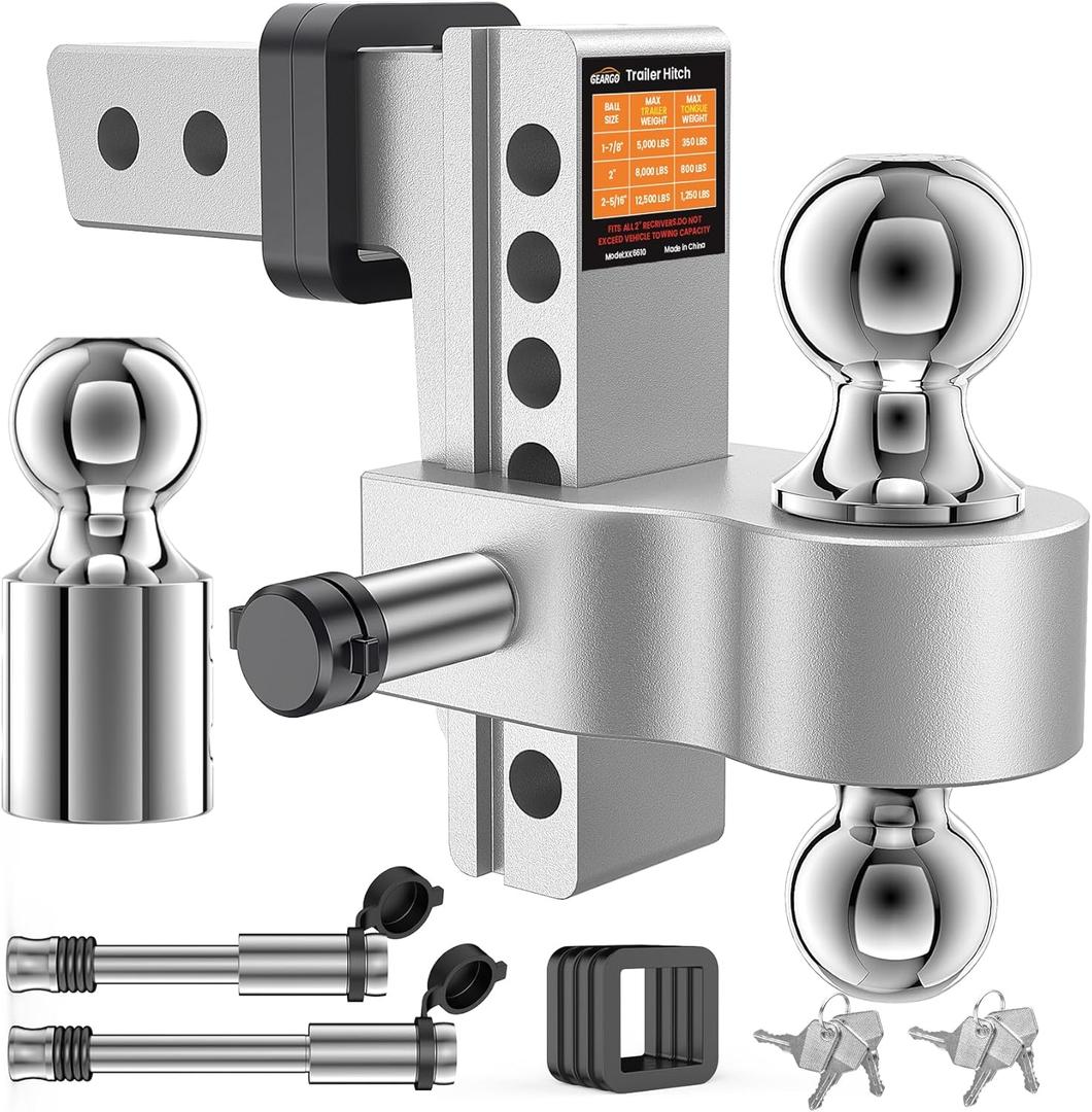 GEARGO Trailer Hitches Tow,Heavy Duty Adjustable 8.3Inch Drop Trailer Hitch Ball Mount- Fits 2" Receiver,12,500 LBS GTW, Triple Hitch Balls (2", 2-5/16", 1-7/8") - Tow Hitch Ball Mount