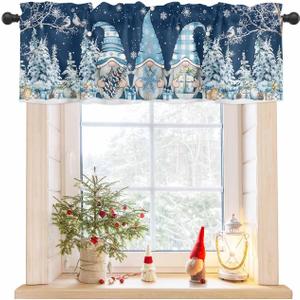Christmas Gnome Window Valance,Xmas Tree Valances for Kitchen Windows,Winter Snowflakes Branches Rod Pocket Valance Curtain,Dark Blue Short Curtains Window Treatment for Bedroom 54x18in