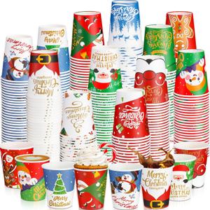 Sliner 120 Pcs Disposable Christmas Coffee Cups Xmas Party 9 oz Paper Cups Santa Elf Snowman Hot Tumbler Winter Holiday Cold and Hot Drink Tumbler for Coffee Tea Juice, Christmas Party Decoration