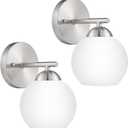 Emak Brushed Nickel Wall Sconce, 2 Light Bathroom Vanity Light with Milk Glass Shade, Modern Bathroom Lighting Fixtures for Bathroom, Living Room, Pictures, Bedroom,Hallway, WS114-BN-ML-2PK