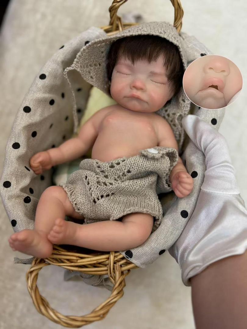 Abenduot 10 Inch Can Open Mouth Full Body Silicone Baby Doll Realistic Preemie Reborn Baby Girls Doll with Hand Rooted Hair
