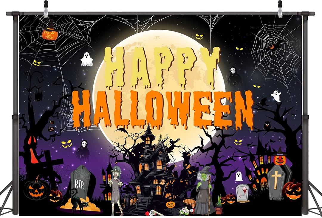 Halloween Backdrop 8x6 FT Kids Party Banners Full Moon Backdrops with Witch Pumpkin Ghost Decorations Scary Castle Wall Banner for Photo Props Decorations Indoor Outdoor (Purple)