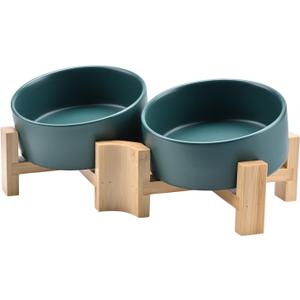 SPUNKYJUNKY 15 Slanted Ceramic Dog and Cat Bowl with Wooden Stand, Tilted Bulldog Food and Water Bowl No Slip Non-Spill for Cats Medium Dogs Big Face Pets 13.5 OZ (1.7 Cups, Green  2)